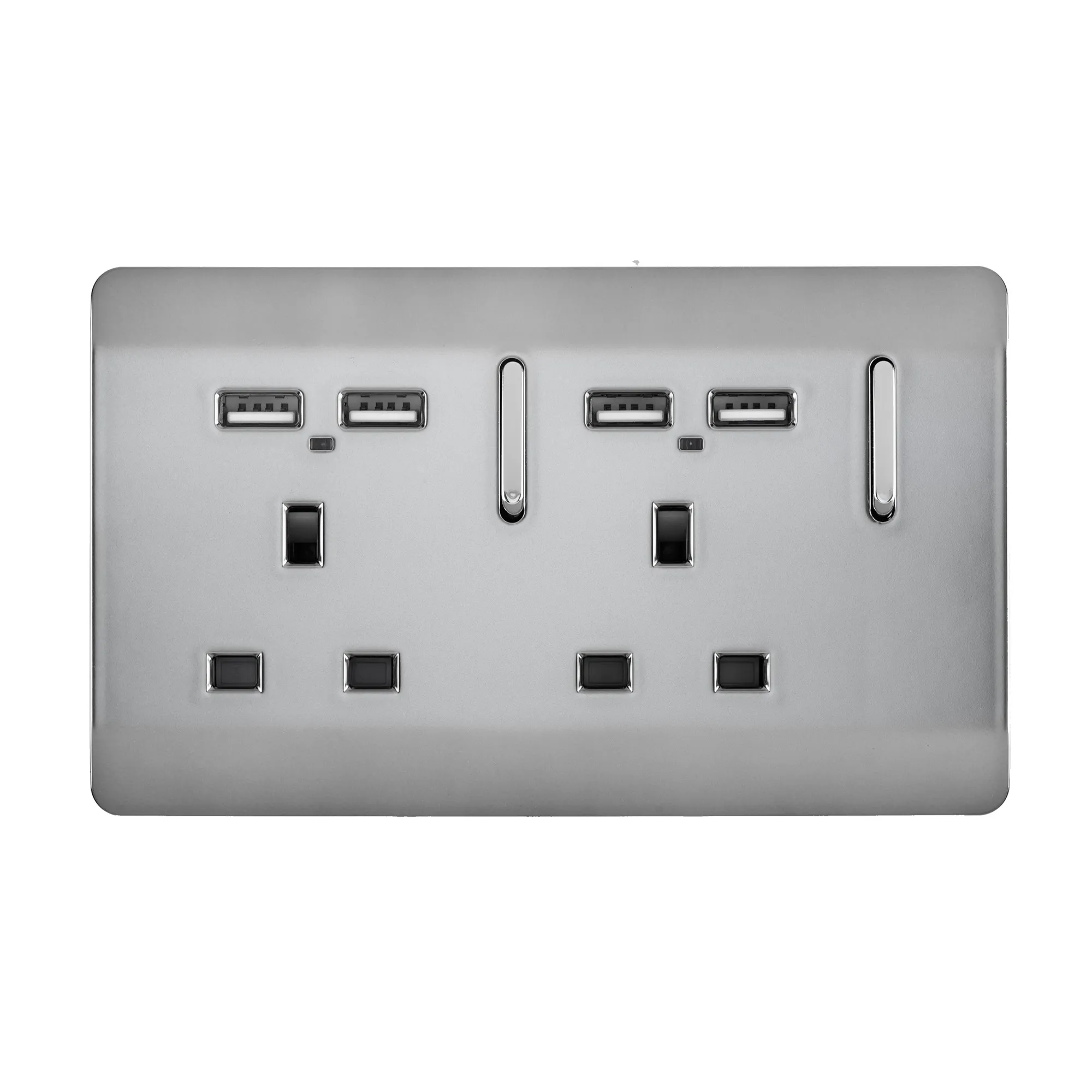 2 Gang 13Amp Switched Double Socket With 4X 2.1Mah USB Brushed Steel